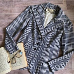 Vintage 60s 70s Blue & White Plaid Checkered Mod Wide Collar Blazer Extra Small